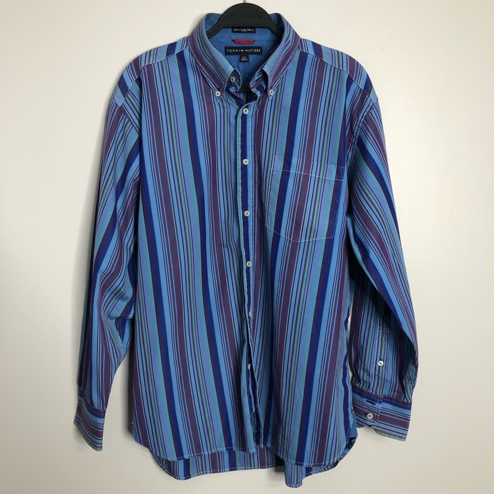 Tommy Hilfiger Purple Striped Button Down 100's 2 Ply Fabric Large
